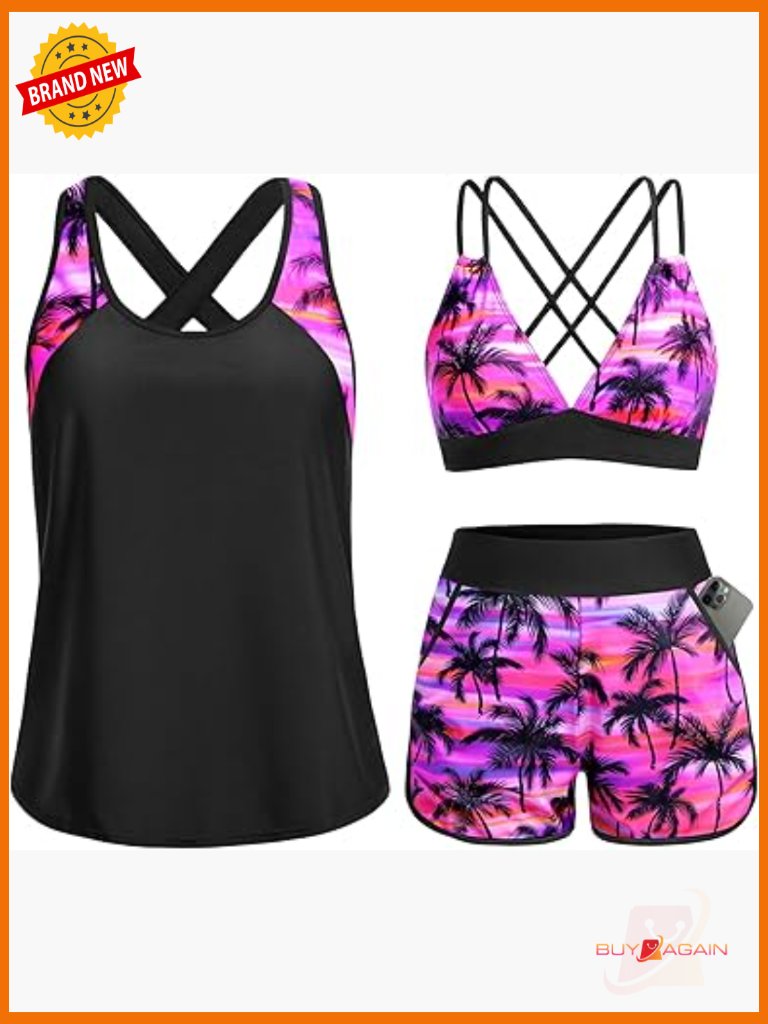 Women's 3 Piece Tankini Swimsuit Set Tummy Control Boyshorts Pockets